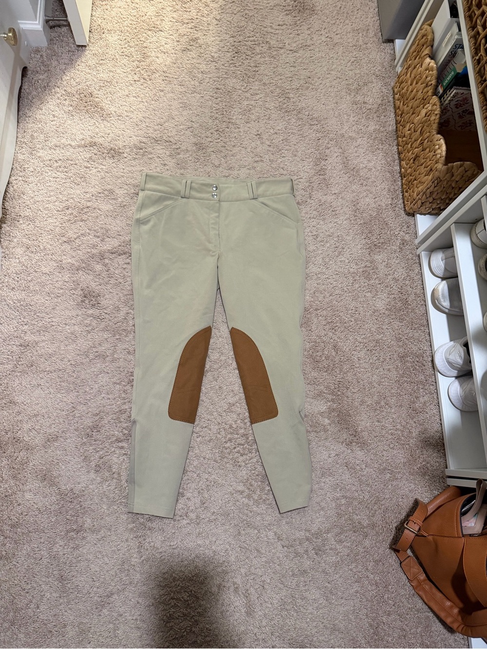 Beige Equestrian Breeches with Brown Knee Patches